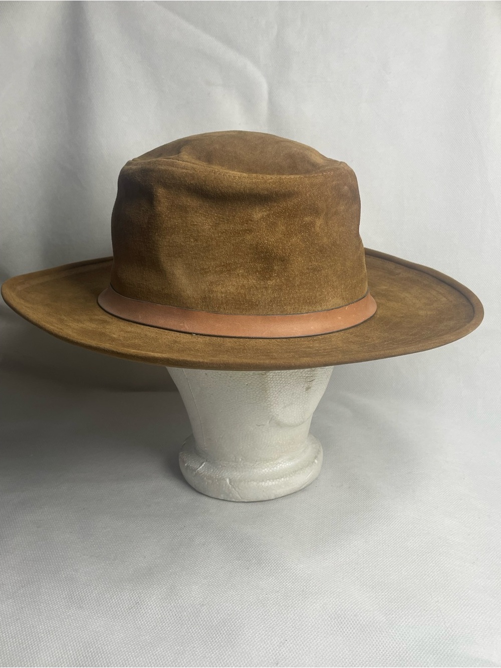 J.Crew Genuine Full Suede Leather Hat OSFM Tan Cowboy Fedora Stetson Strap